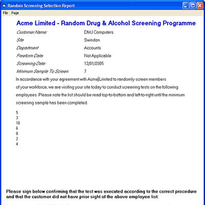 dmjRandom Drug & alcohol testing - screening report screen shot